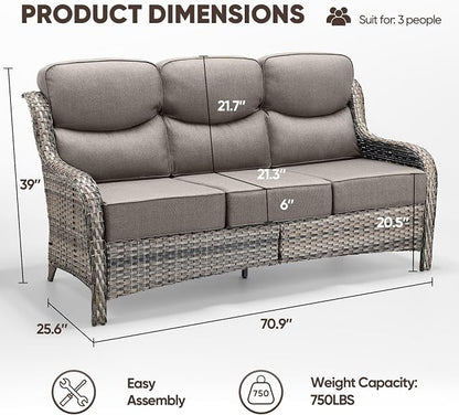 Luxury Patio Sofa 3-Seat Wicker Couch with 6" Thick Cushion - Outdoor Furniture Rattan Sofa with Deep Seating High Back for Patio Garden Balcony Sunroom Backyard, Grey | Grey