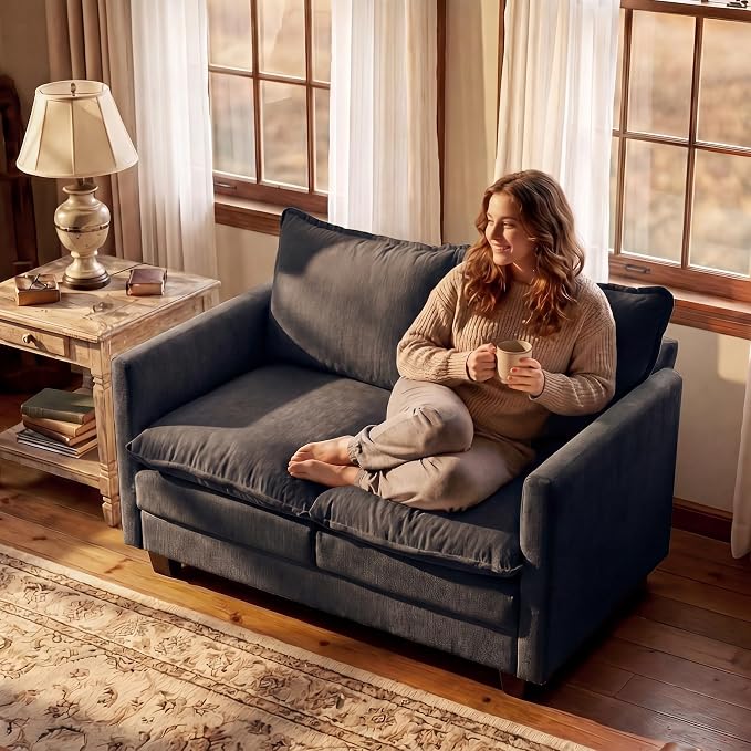 Loveseat Sofa with Cloud 3-Layer Cushion & 27" Deep Seat, Modern Small Couch No Pillows for Small Spaces, Bedroom, Apartment, Office, Living Room, in a Box, 50-Inch Black