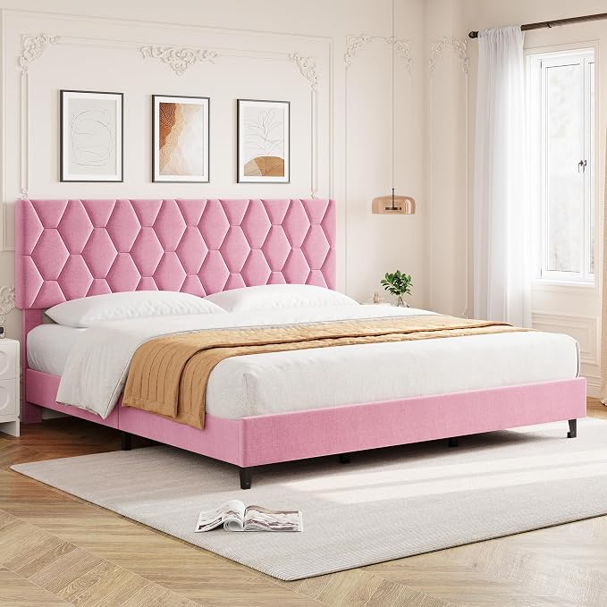 GAOMON Bed Frame with Upholstered Headboard, Heavy-Duty Platform Bed Frame with Strong Wood Slats, No Box Spring Needed/Noise Free/Easy Assembly,King,Pink