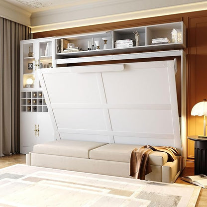 Queen Murphy Bed with Couch, Storage Shelves and USB, Folding Wall Bed | Stores bed and mattress together, with built-in light, 600 lbs capacity and 8-10 in mattress support for small spaces