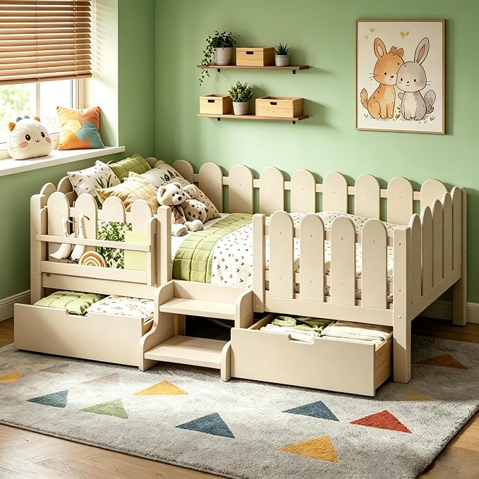 Bellemave Twin Size Platform Bed with Storage Drawers & Bookshelf for Boys Girls, Kids Twin Bed Frame with LED Lights & Stairs for Children's Room, Beige