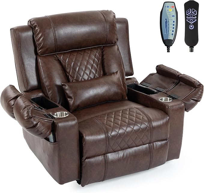FUNECORP Big Man Power Lay Flat Lift Chair Oversized Recliner Dual Motor Heat Vibration for Elderly, Overstuffed Electric 28" Extra Wide Recliners with Flip Arm Storage Cup Holders,USB Type C Charging