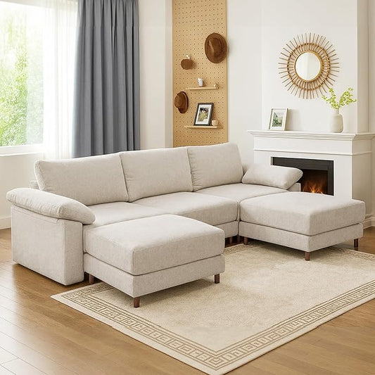 Oversized Modular Cloud Couch with Removable Washable Cover, U -Shaped Sectional for Large Living Room, Plush Chenille & Deep Seat（Beige）