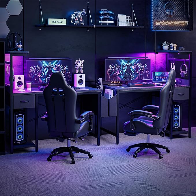Grandder Gaming Desk 55 Inch with Power Outlet and LED Light, Computer Desk with Reversible Shelves and Storage Drawer, Pc Small Table for Home Office Table with Bag, Carbon Fiber Black