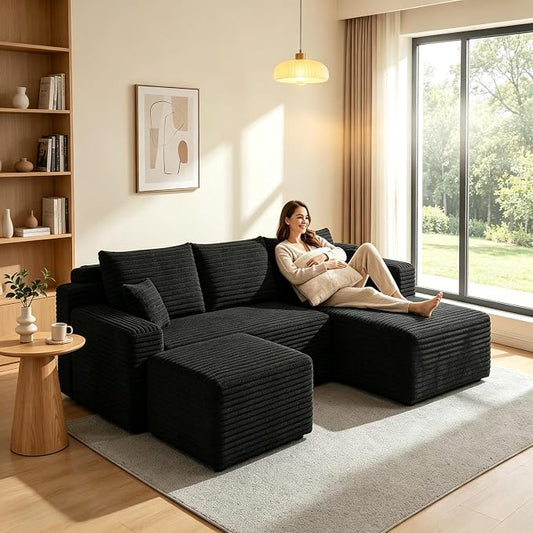 JINGLING 94" U Shaped Boneless Sectional Couch Set for Living Room, Plush Corduroy Modular Sofa with Ottoman, Small Space Apartment Couch, No Assembly, Right Facing Chaise, Black