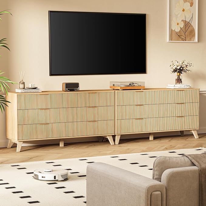 Fluted Dresser with 6 Drawers, 53.43 Inch Wood Double Dresser with Metal Handles Curved Design Wide Storage Organizer Cabinet Modern Chest Dressers for Bedroom Living Room Hallway(Oak)