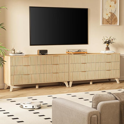 Fluted Dresser with 6 Drawers, 53.43 Inch Wood Double Dresser with Metal Handles Curved Design Wide Storage Organizer Cabinet Modern Chest Dressers for Bedroom Living Room Hallway(Oak)
