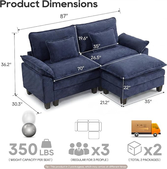 URRED Oversized Modular Sectional Sofa, 87" L Shaped Modern Comfy Cloud Couch with Movable Ottoman & Pillows, Deep Seat Couches for Living Room, Bedroom or Apartment (Corduroy Blue, 87" L Shaped)