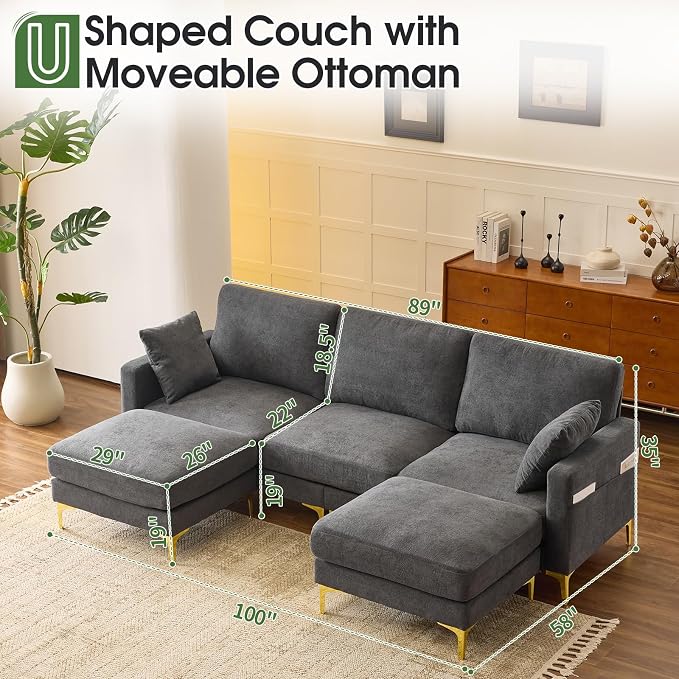 VINGLI 100" W U Shaped Couch with Ottoman, 22" Deep Seat Comfortable Sectional Couches for Living Room, 3 Seater Chenille Fabric Cloud Sofa for Apartment, Small Spaces, Bedroom, Grey
