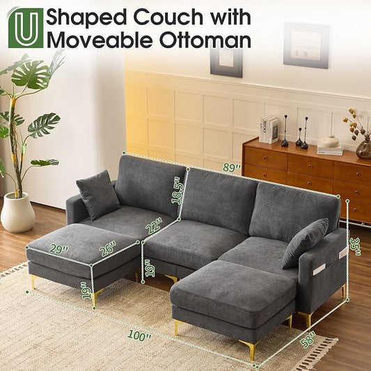 VINGLI 100" W U Shaped Couch with Ottoman, 22" Deep Seat Comfortable Sectional Couches for Living Room, 3 Seater Chenille Fabric Cloud Sofa for Apartment, Small Spaces, Bedroom, Grey