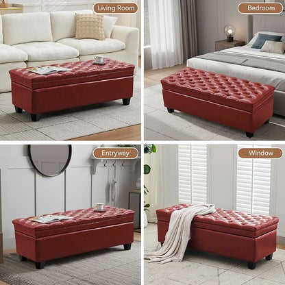 WUTUTUEE 50" Faux Leather Storage Ottoman Bench, End of Bed Upholstered Rectangle Storage Ottoman Tufted Living Room Bedroom Bench with Safety Hinge, Solid Wood Legs, Loads 500 lb(Red)