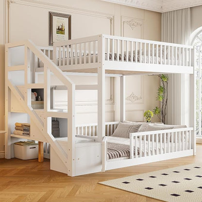 Full Over Full Floor Bunk Bed with Storage Ladder and Guardrails,for Kids Teens Adults (White#FF, Full Over Full)