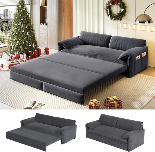 63.8" Sofa Bed Queen Size, Pull Out Couch Bed, 3-in-1 Convertible Sleeper Sofa with Side Pocket, Modern Velvet Futon Couch for Living Room, Small Space, Apartment, Bedroom, Grey