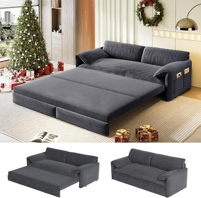66" Sofa Bed Queen Size, Pull Out Couch Bed, 3-in-1 Convertible Sleeper Sofa with Side Pocket, Modern Velvet Futon Couch for Living Room, Small Space, Apartment, Bedroom, Grey
