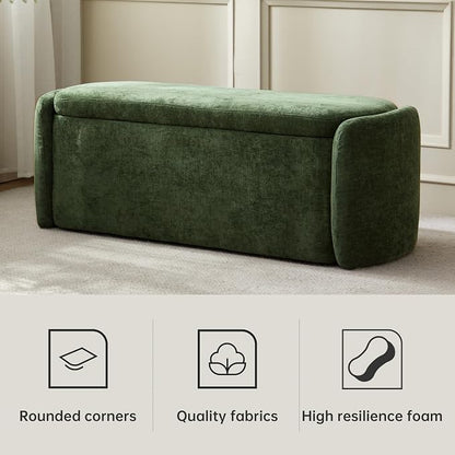 VKNOW 46" Oval Storage Ottoman Bench, Upholstered End of Bed Bench Ottomans Bench Foot Rest, Sherpa Storage Bench for Bedroom, Living Room and Hallway, Green