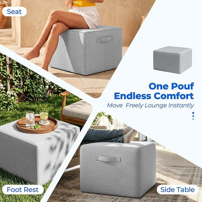 Living&Giving Square Outdoor Ottoman Pouf, 24 Inch Waterproof Patio Ottoman Foot Rest with Solid High-Density Foam, Comfy Boneless Footstool for Outside Couch & Seating, Light Gray