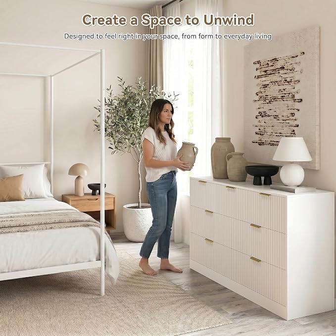White 7 Drawer Dresser for Bedroom, 55" Wide Fluted Chest of Drawers with Gold Metal Handles, Modern Wood Dresser Closet Storage Organizer Mid Century TV Stand for Living Room Hallway