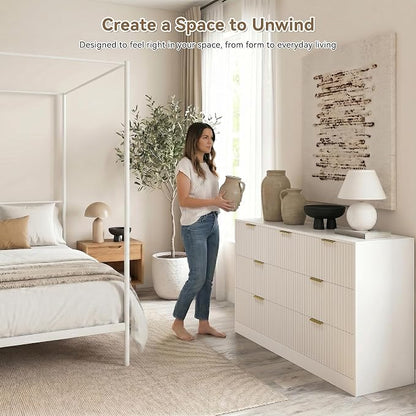White 7 Drawer Dresser for Bedroom, 55" Wide Fluted Chest of Drawers with Gold Metal Handles, Modern Wood Dresser Closet Storage Organizer Mid Century TV Stand for Living Room Hallway