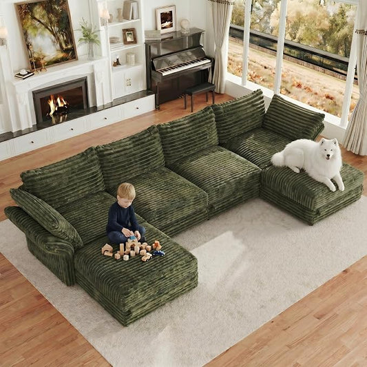 DreamDashio 159” 6-Seat U-Shaped Sectional Sofa, Oversized Extra Wide Deep Seat Detachable Modular Cloud Couch, Certified Corduroy Fabric with Storage & High Backs, for Home Theater, Green