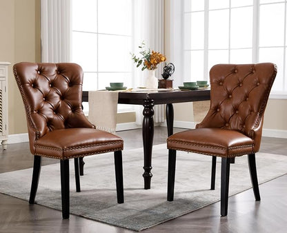 EALSON Modern Dining Chairs Set of 4 Mid Century Leather Dining Room Chairs with Wood Legs Tufted Upholstered Kitchen Side Chairs with Nail Head Trim for Dining Room/Living Room, Brown with Ring
