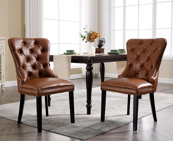 EALSON Modern Dining Chairs Set of 8 Mid Century Leather Dining Room Chairs with Wood Legs Tufted Upholstered Kitchen Side Chairs with Nail Head Trim for Dining Room/Living Room, Brown with Ring
