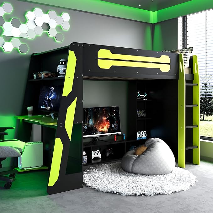 Merax Twin Size Loft Bed with Desk, Multi-Storage Shelves and RGB Light | Space-Saving Wooden Gaming Bed Frame with Charging Station and Guardrail