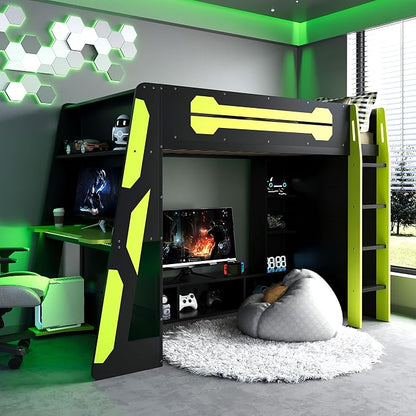 Merax Twin Size Loft Bed with Desk, Multi-Storage Shelves and RGB Light | Space-Saving Wooden Gaming Bed Frame with Charging Station and Guardrail