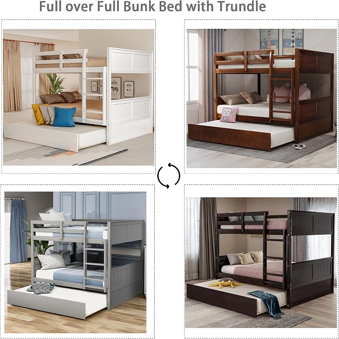 Merax Trundle Bunk Bed, Full Over Full Wood Bunk Bed with Twin Size Trundle, Guardrail and Ladder, Can be Separated into 2 Beds, Walnut