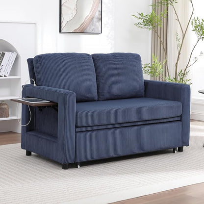 3 in 1 Folding Convertible Sleeper Sofa Bed, Pull Out Couch with Side Pockets,USB Port,Side Table,Loveseat Sofa Bed with Adjustable Backrest for Living Room Bedroom 66" Blue 2 SEAT