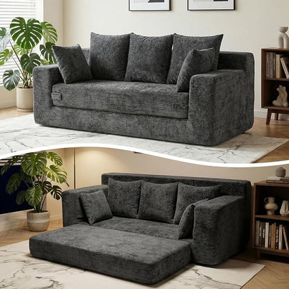 Boneless Couches 70", 3 Seater Boneless Couch with Pull Out Sofa Bed, Gray Boneless Couch with 5 Pillows, Plush Velvet Sofa for Living Room & Bedroom
