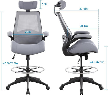 BOLISS 400lbs High Back Computer Office Drafting Chair Flip up Armrests Lumbar Support Adjustable Big Footrest Ring (Grey)