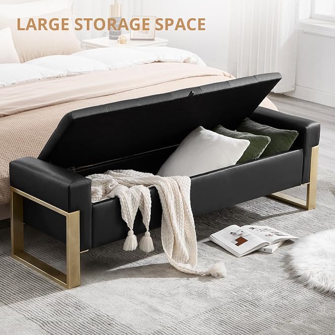 67'' End of Bed Storage Bench, Storage Ottoman Bench for Bedroom King Size, Modern Faux Leather Benches for Foot of Bed with Gold Legs for Window Living Room Entryway, Black