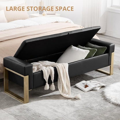 67'' End of Bed Storage Bench, Storage Ottoman Bench for Bedroom King Size, Modern Faux Leather Benches for Foot of Bed with Gold Legs for Window Living Room Entryway, Black