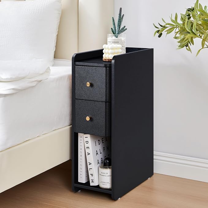 Narrow Nightstand Set of 2, Wooden Small 2 Drawer Nightstand, Slim Side End Table, Skinny Bedside Table, Mid Century Modern Night Stand with Drawers for Bedroom (Black-2 pcs)