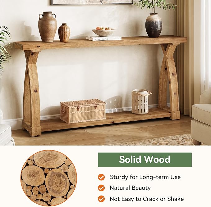 Wood Console Table for Entryway, 63" Entryway Table with Storage | Farmhouse Narrow Long Sofa Table with 2-Tier Shelves, Couch Table Behind Sofa for Entrance, Foyer, Living Room, Rustic Brown