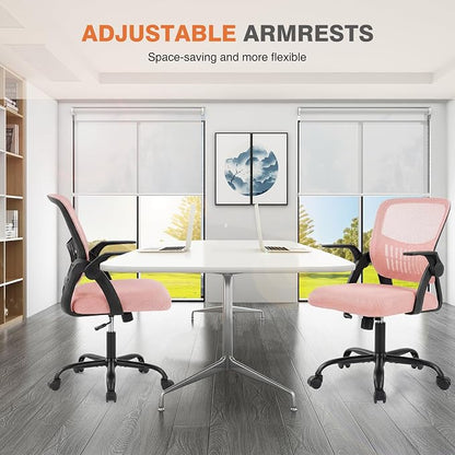Sweetcrispy Home Office Managerial Executive Chair, Flip Up Armrest Ergonomic Mesh Adjustable Swivel Mid-Back Computer Desk Chair with Comfortable Lumbar Support, Comfy Arms for Bedroom,Blak&Pink
