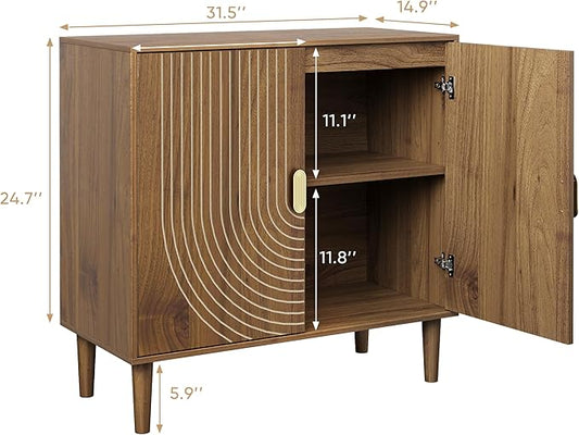 Smuxee Walnut Sideboard Cabinet, Freestanding Buffet Cabinet with Line Groove Design, Wood Storage Cabinet with Adjustable Shelf for Living Room, Entryway, Hallway