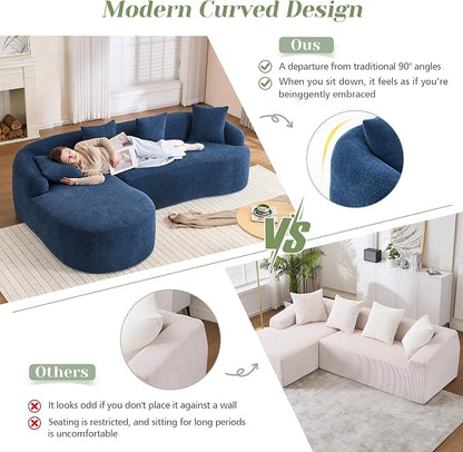 99" Curved Sofa with L-Shape Chaise,Modern Cloud Curved Couch with Deep Seat,No Assembly Required,Upholstered Oversized Couches for Living Room,Apartment (Blue, 99Inch)