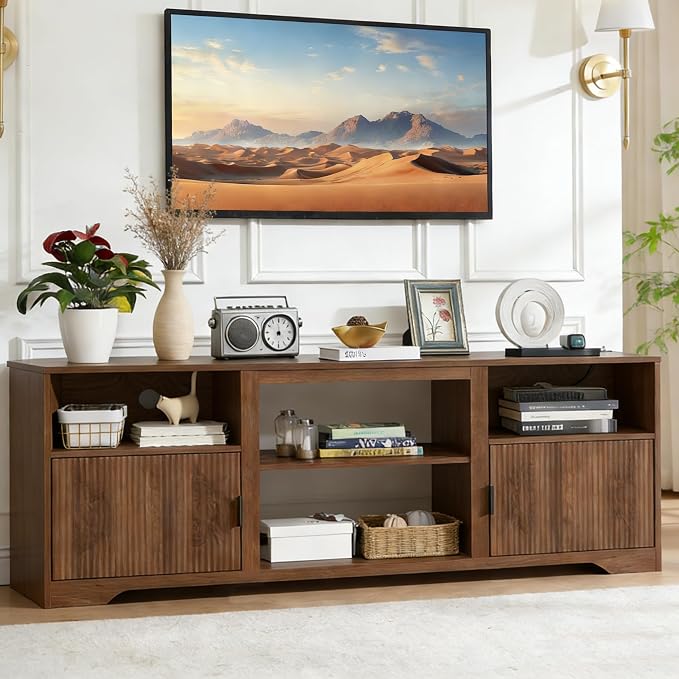Fluted TV Stand for Tvs up to 80",Mid Century Modern TV Stand with Open Adjustable Shelf,Entertainment Center Wood TV Media Console with Cord Holes for Living Room Furniture Bedroom,Walnut