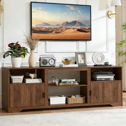 Fluted TV Stand for Tvs up to 80",Mid Century Modern TV Stand with Open Adjustable Shelf,Entertainment Center Wood TV Media Console with Cord Holes for Living Room Furniture Bedroom,Walnut