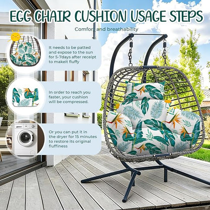 Waterproof Egg Chair Cushion Replacement 47x31.5x4.7 inch Thicken Hanging Egg Swing Chair Cushion IndoorUthem Outdoor Wicker Rattan Hammock Basket Cushion with Headrest Pillow, Yellow-Green Leaf