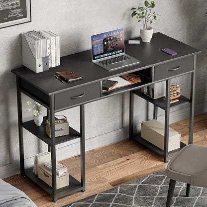 DUMOS 48" Small Computer Home Office Desk for Bedroom with Drawers, Gaming Writing Study Table with Storage Shelf, Adjustable Feet, Compact Desk for Gaming and Home Office Use, Black