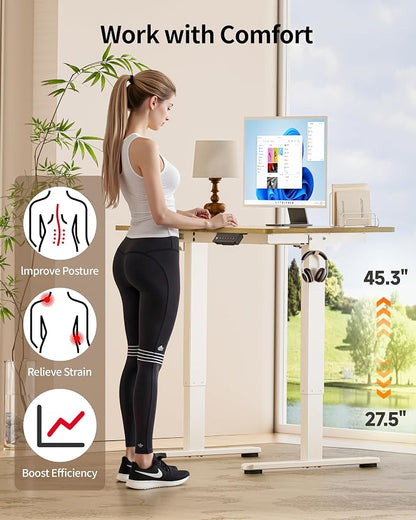 Okin Standing Desk Electric Adjustable Computer Whole Piece Stand up Desk with Wheels Office Gaming Home Office Memory Desks 48x24 inches Cream Pecans
