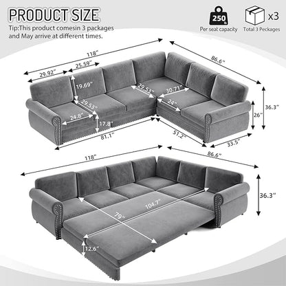 118" L-Shaped Sleeper Couch Bed - Oversize Convertible with Pull-Out Sofa Bed, Button Tufted Chesterfield Sofa, Chenille Sectional Vintage Couches for Living Room/Apartment(6-Seater, Light Grey) | Oversize Convertible