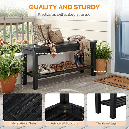 VINGLI Rustic Storage Bench, Solid Wood Seat with Storage Shelf, Indoor Outdoor Shoe Rack, 450lbs Capacity Small Outdoor Bench for Mudroom Entryway Patio Porch (Black, 40in)