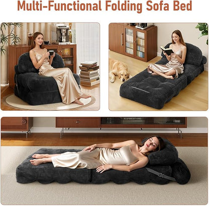 Folding Sofa Bed, Convertible Sleeper Chair with Back Support and Pillow Futon,Boneless Foldable Couch for Living Room/Guest Use/Home Office, Foldable Chair Bed for Adults, Black