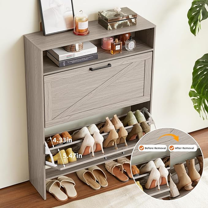 RWYHG Shoe Cabinet Storage for Entryway with 2 Flip Drawers Open Storage Layer Rack Narrow Organizer Slim Hidden Wood Shoe Cabinet Furniture Grey