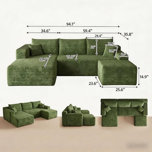 JINGLING 94" U Shaped Boneless Sectional Couch Set for Living Room, Plush Corduroy Modular Sofa with Ottoman, Small Space Apartment Couch, No Assembly, Left Facing Chaise, Green