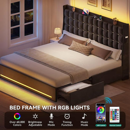 YITAHOME King Size Bed Frame with 4 Drawers and RGB LED Lights, Velvet Upholstered Platform Bed with Charging Station and Storage Headboard, No Box Spring Needed, Easy Assembly, Noise-Free, Dark Grey