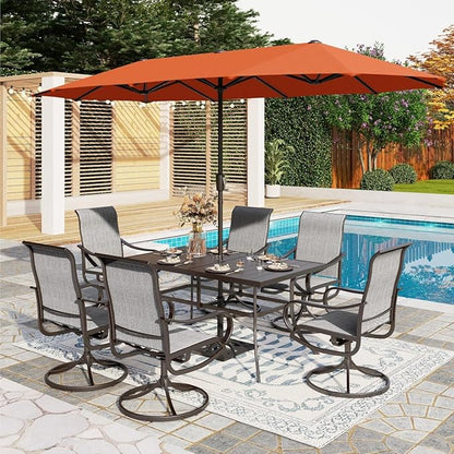PHI VILLA 8 Piece Patio Dining Set with 13ft Patio Umbrella (Orange Red), 6 Outdoor Swivel Dining Chairs & 1 Large Metal Dining Table for Deck Lawn Garden (No Umbrella Base)